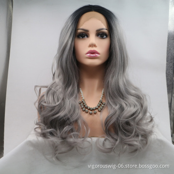 Cheap Suppier Long Water Wave Middle PartHot Sale For Women Heat Resistant Ombre Grey Fiber Synthetic 13*3 Lace Frontal Wig